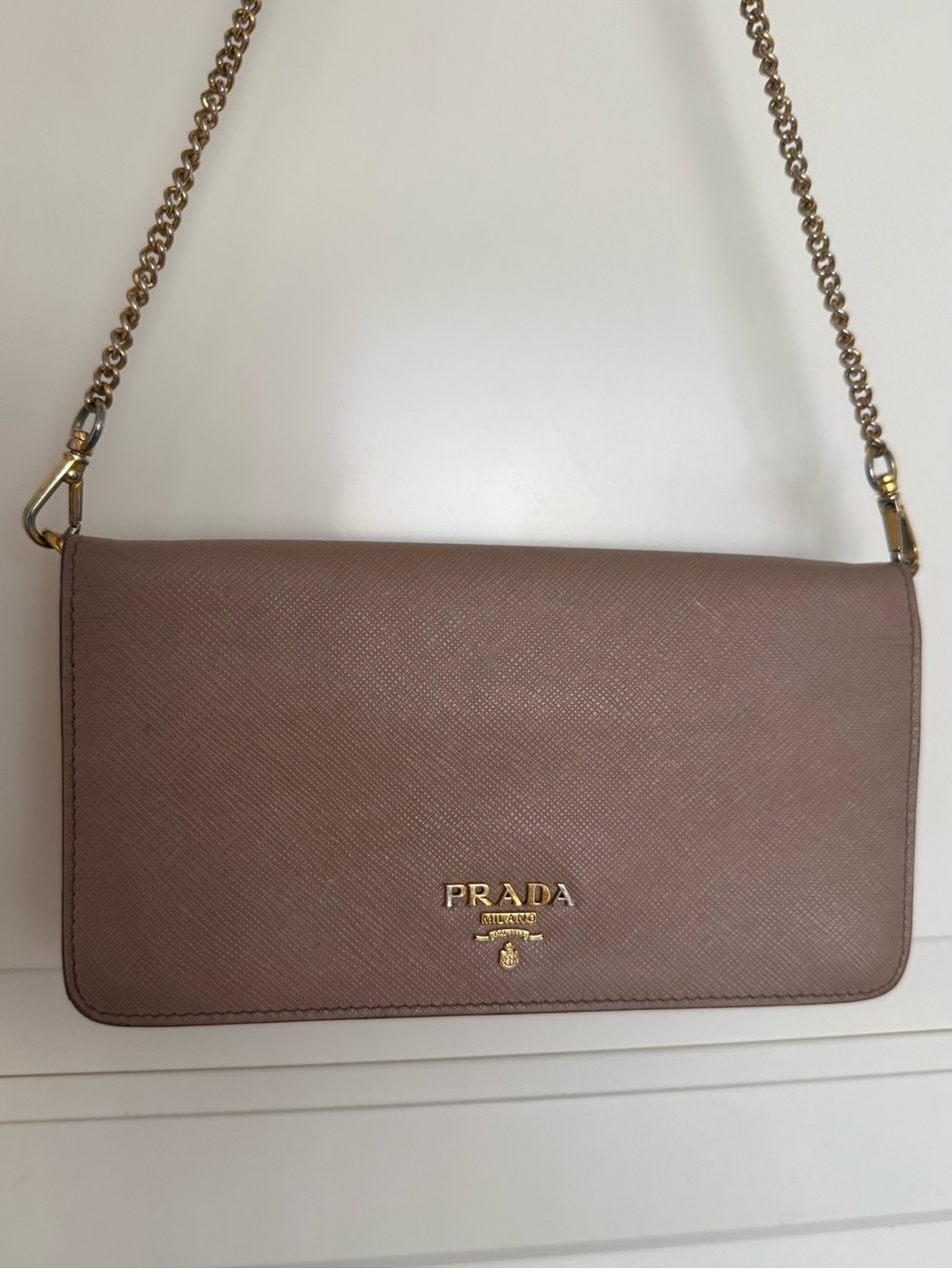 Prada Blush/nude ‘cammeo’ Leather saffiano wallet on chain purse clutch